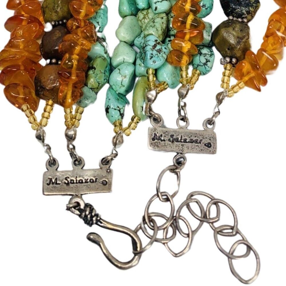 M Salazar 925 Sterling Silver Amber Turquoise Multistrand Statement Necklace 19" - Picture 10 of 16